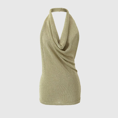 Women's Cowl Neck Metallic Knit Halter Top - Elegant Backless Cami