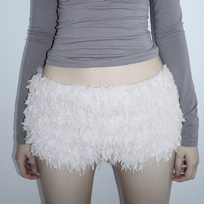 Cozy Snow White Fuzzy Fleece Lounge Shorts – Soft Warm Winter Home Wear for Women
