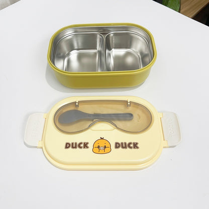 Cute Cartoon Stainless Steel Bento Box - 2-Compartment Insulated Kids Lunch Box with Spoon & Transparent Lid (Eco-Friendly)