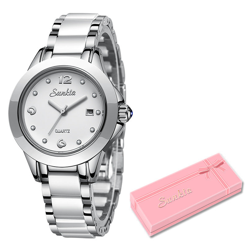 Sunkta Elegant Ladies Fashion Wristwatch with Ceramic Stainless Steel Band