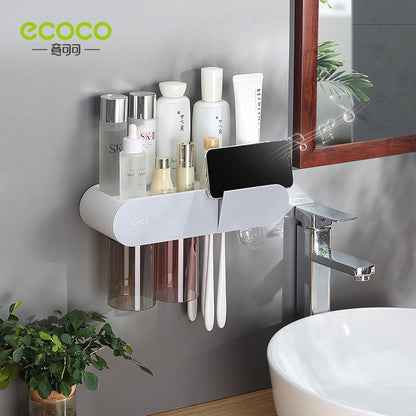 Multi-Functional Wall-Mounted Toothbrush Holder & Organizer – Punch-Free Magnetic Mouthwash Cup Set for Bathroom