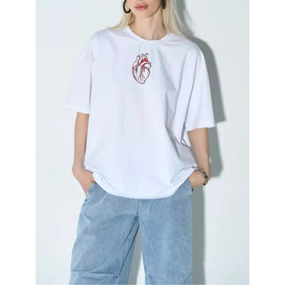 : Minimalist Anatomical Heart Print Loose Round Neck T-Shirt