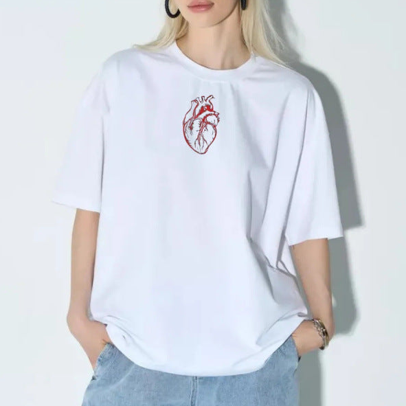 : Minimalist Anatomical Heart Print Loose Round Neck T-Shirt