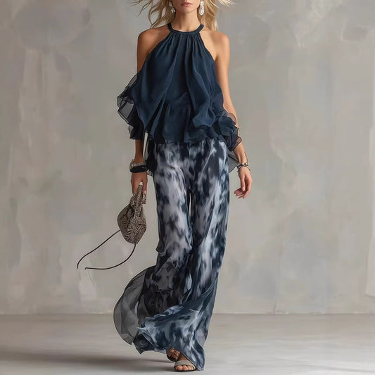 Chic Summer 2-Piece Outfit - Ruffle Halter Blouse with Tie-Dye Palazzo Pants