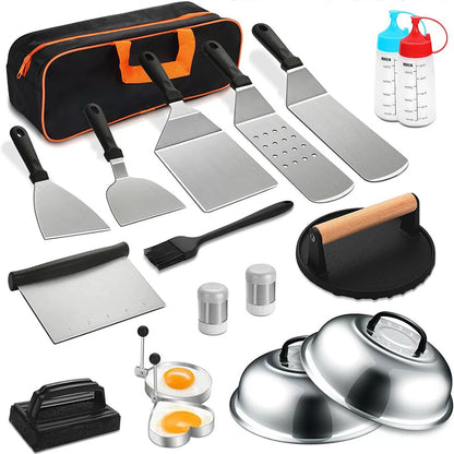 Heavy-Duty Stainless Steel Griddle Tools Kit | 29-Piece Barbecue Set with Carrying Bag