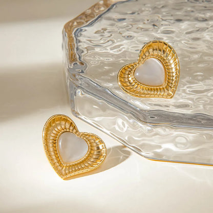 Gold Tone Cat Eye Stone Heart Stud Earrings