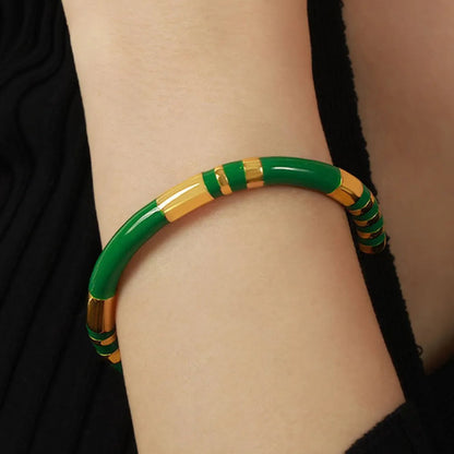Modern Green Enamel Titanium Steel Cuff Bracelet for Women