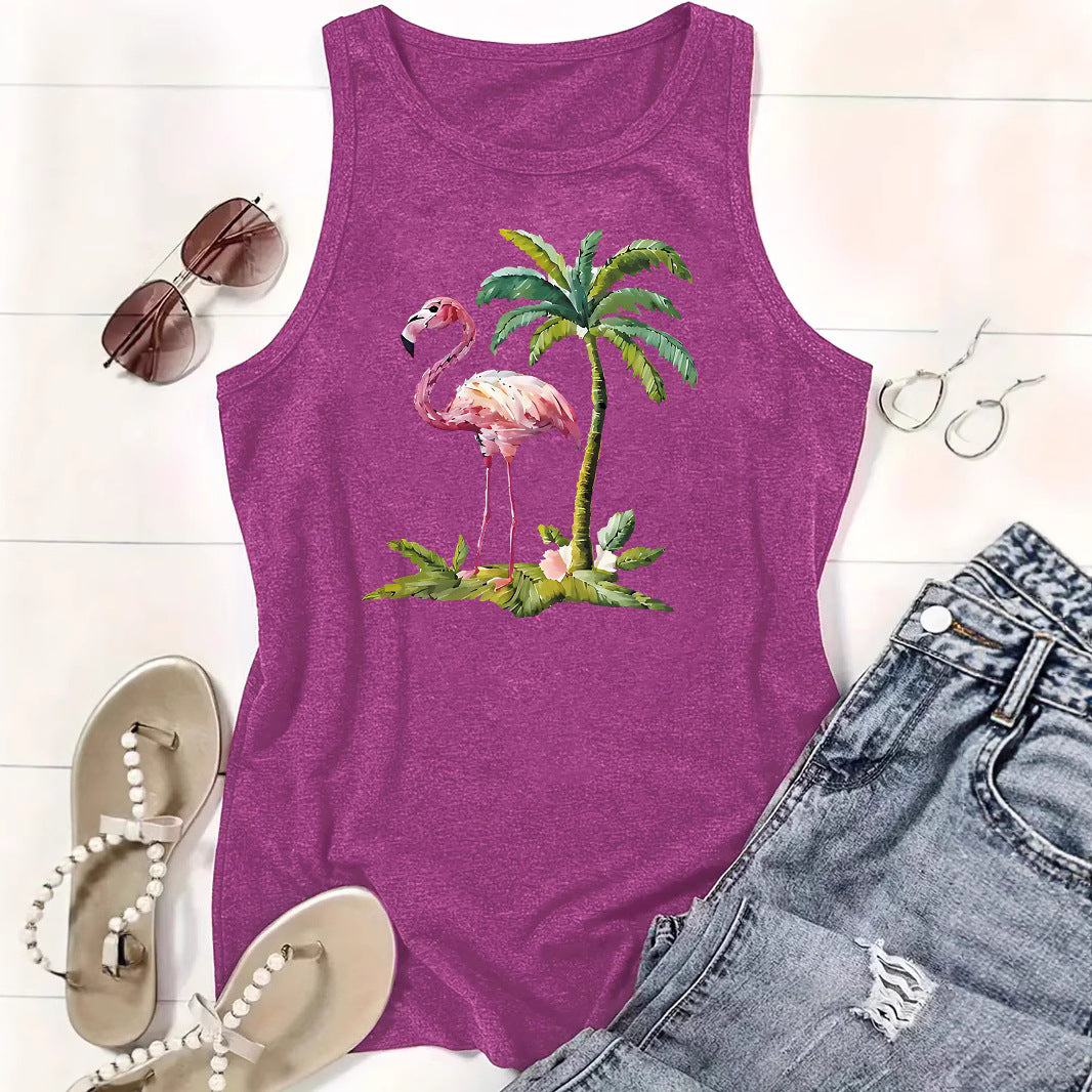 Flamingo Palm Tree Pattern Loose Women's Tank Top | Tropical Graphic Sleeveless Shirt