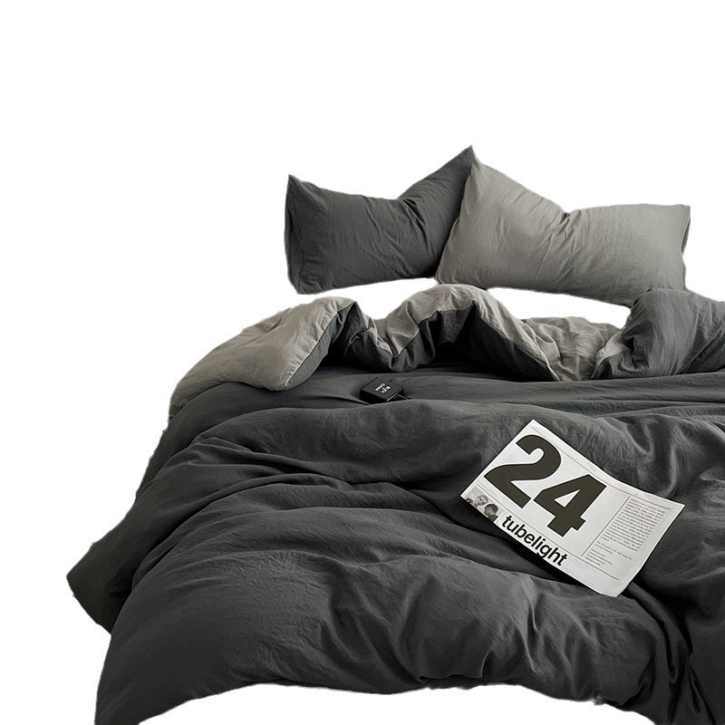 Japanese Style Washed Cotton Bedding Set – Minimalist Solid Color Double Spliced Quilt Cover & Fitted Sheet