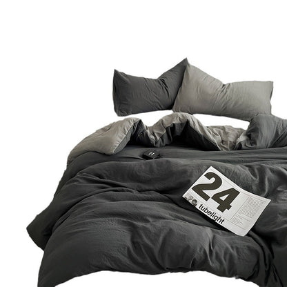 Japanese Style Washed Cotton Bedding Set – Minimalist Solid Color Double Spliced Quilt Cover & Fitted Sheet