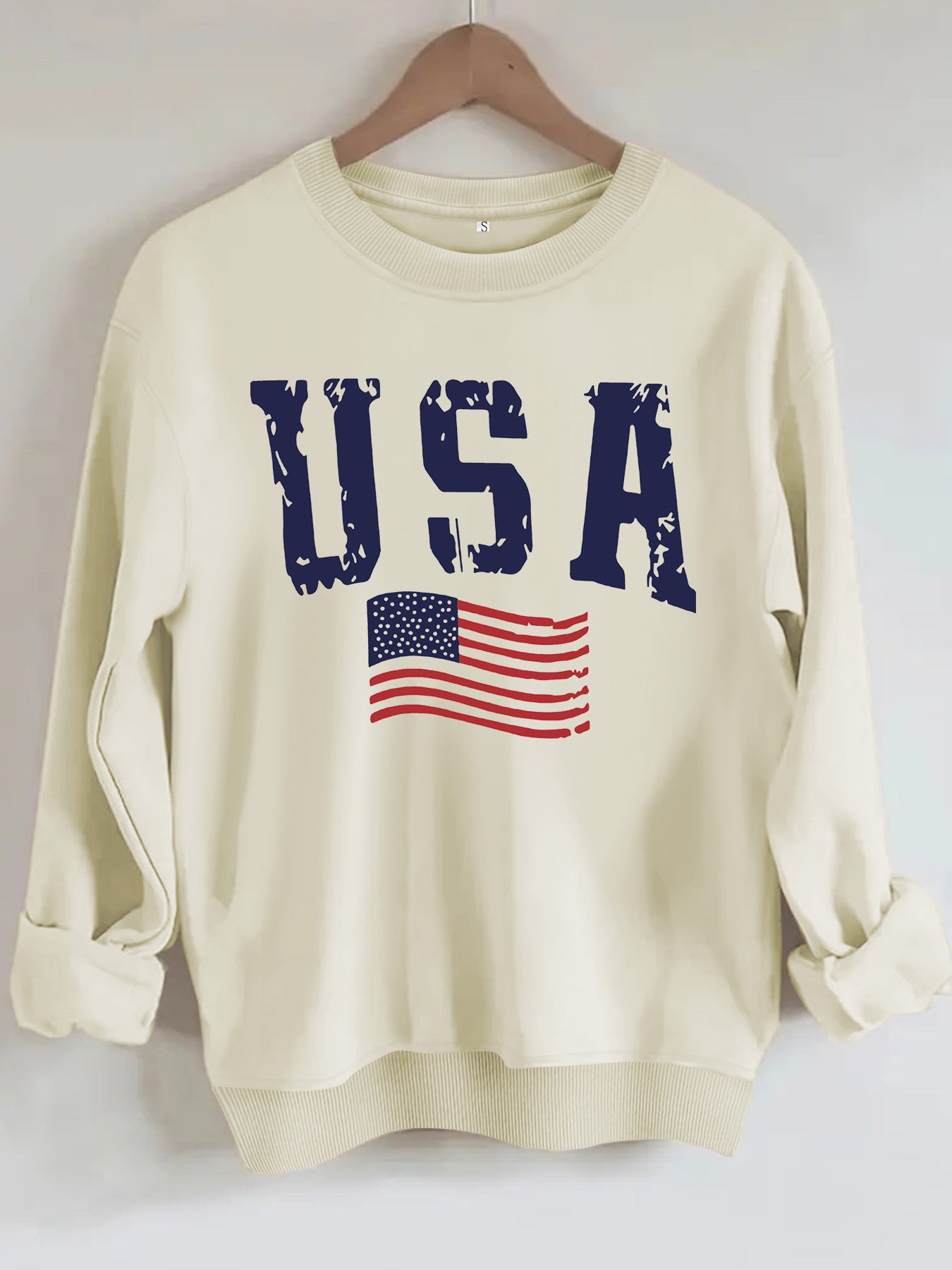 USA Flag Distressed Print Grey Sweatshirt | Unisex Round Neck Sports Pullover