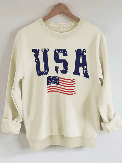USA Flag Distressed Print Grey Sweatshirt | Unisex Round Neck Sports Pullover