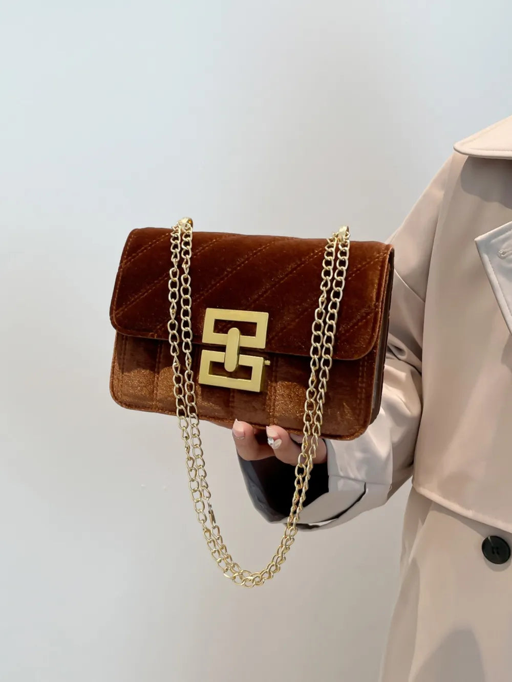 Black Velvet Chain Strap Shoulder Bag with Gold Hardware
