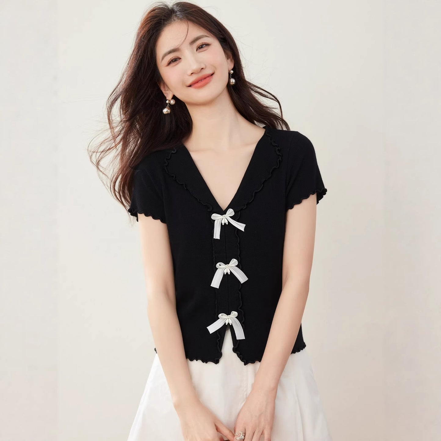 Sweet Butterfly Knot Knit Top - Elegant Ruffled Trim Summer Blouse for Women