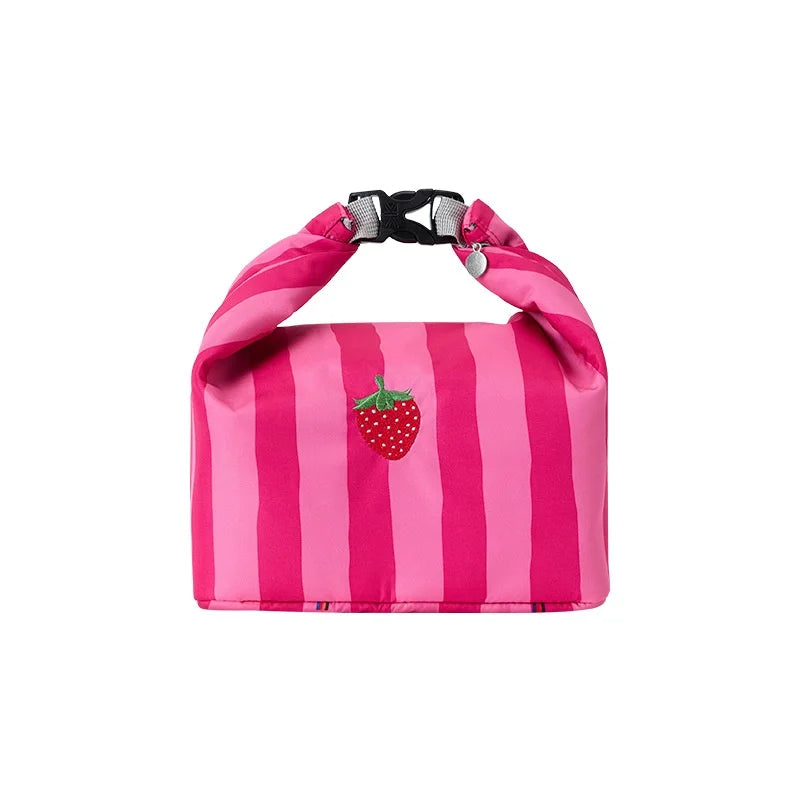 Cute Pink Striped Insulated Lunch Bag - Folding Roll-Top Large Capacity Bento Cooler Bag