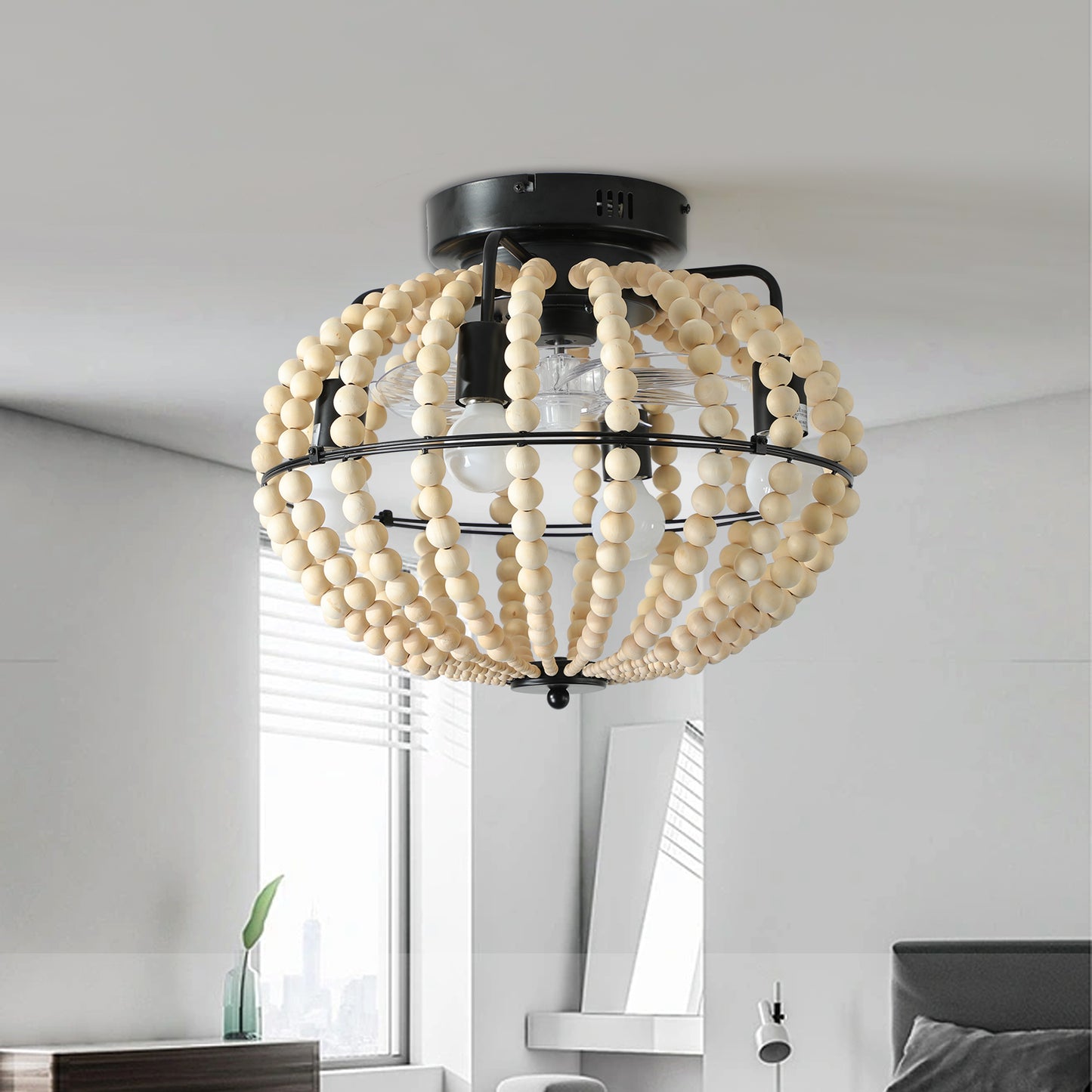 Bohemian Wood Beaded Chandelier – Elegant Flush Mount Ceiling Light for Bedroom & Nursery