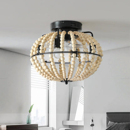 Bohemian Wood Beaded Chandelier – Elegant Flush Mount Ceiling Light for Bedroom & Nursery