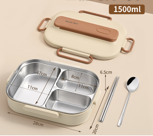 Large 1500ml 304 Stainless Steel Bento Lunch Box - Microwave Safe Compartment Design with Sealed Insulation & Cutlery