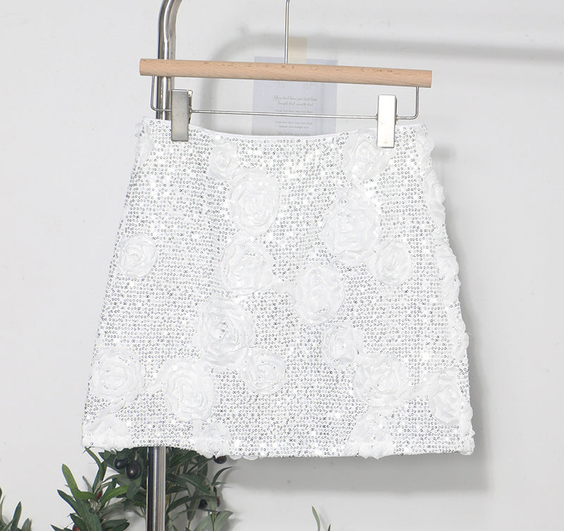 Glamorous White 3D Flower Sequin Mini Skirt - Elegant Floral Wrapped Hip Skirt