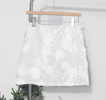 Glamorous White 3D Flower Sequin Mini Skirt - Elegant Floral Wrapped Hip Skirt
