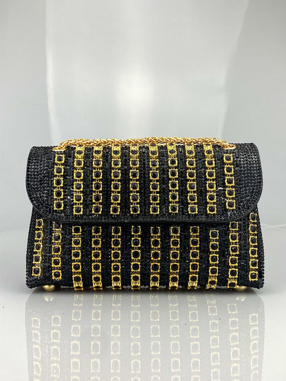 Elegant Black and Gold Chain-Adorned Evening Clutch Bag with Long Strap