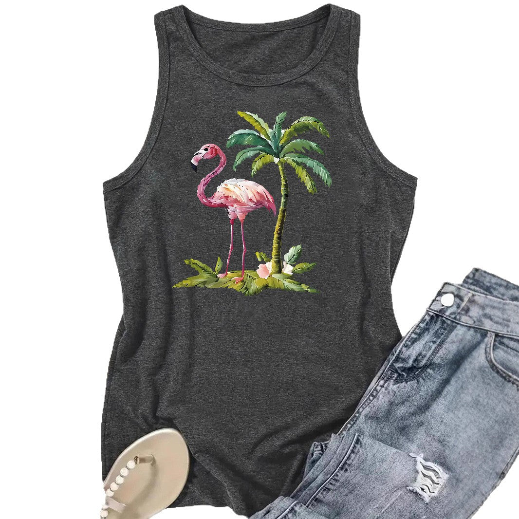 Flamingo Palm Tree Pattern Loose Women's Tank Top | Tropical Graphic Sleeveless Shirt