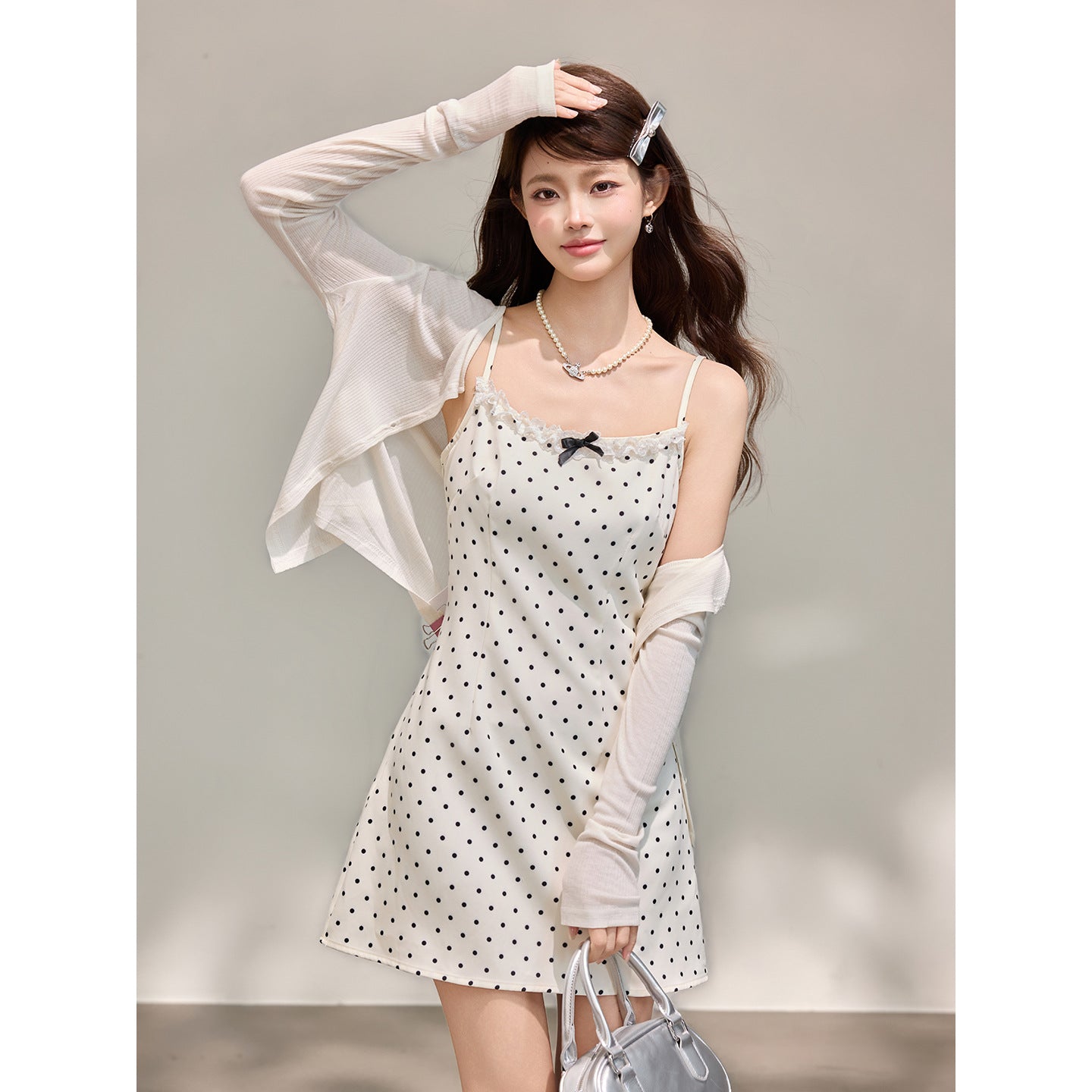 Sweet Elegant Short Dress - Two-Piece Polka Dot Dress and Shrug Set