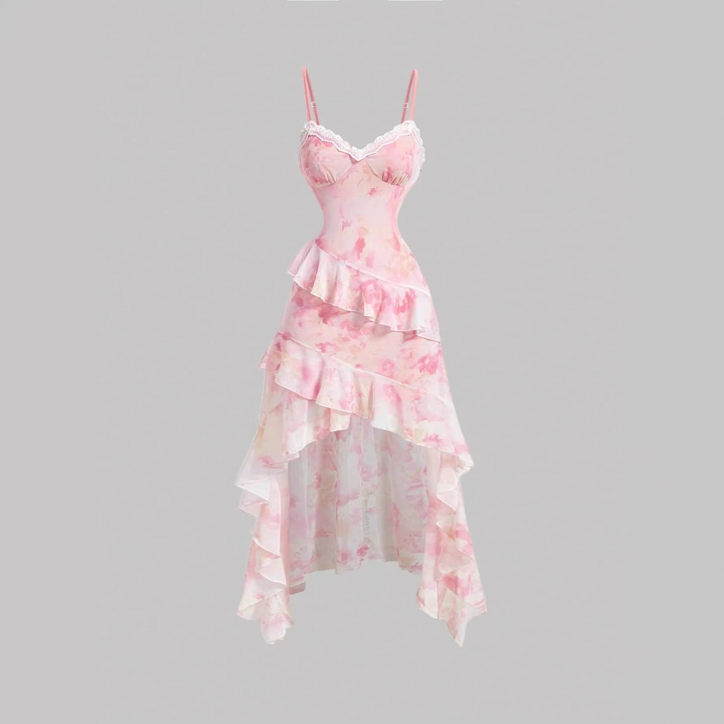 Elegant Floral Mesh Camisole Dress - High-Low Ruffle Asymmetrical Skirt