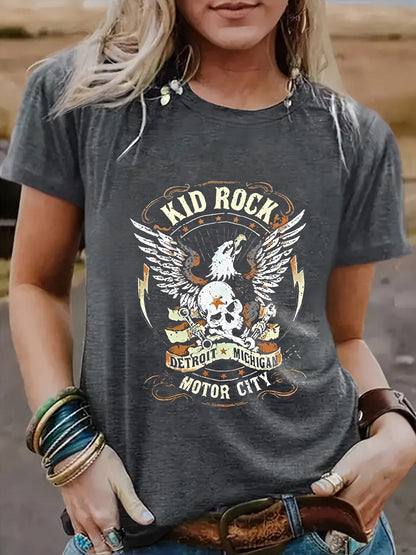 Vintage Eagle Pattern Round Neck Short Sleeved T-Shirt | Graphic Print Top for Men/Women