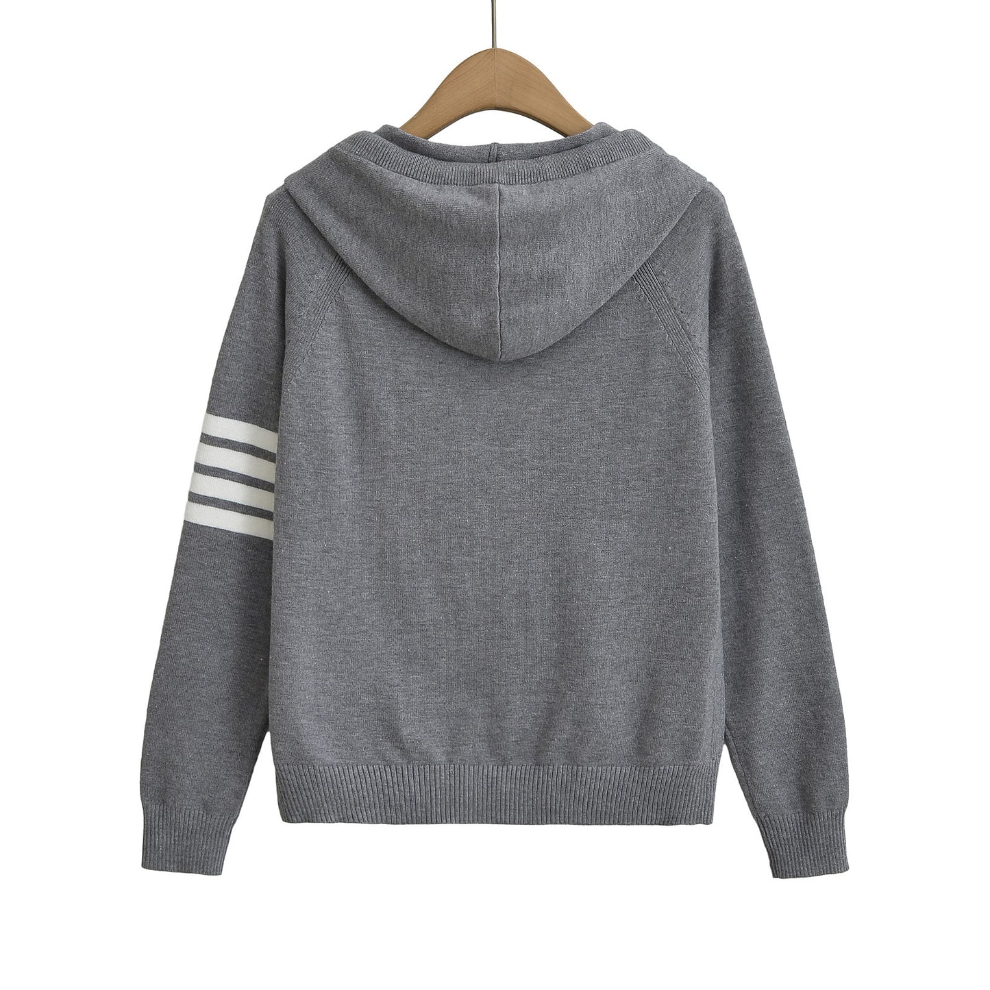 Cozy Full-Zip Hooded Knitted Sweater – Casual Striped Sleeve Hoodie for Women