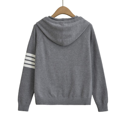 Cozy Full-Zip Hooded Knitted Sweater – Casual Striped Sleeve Hoodie for Women