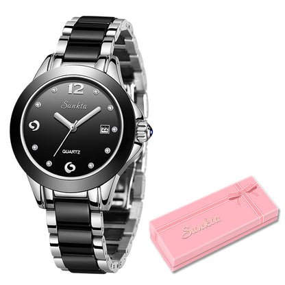 Sunkta Elegant Ladies Fashion Wristwatch with Ceramic Stainless Steel Band