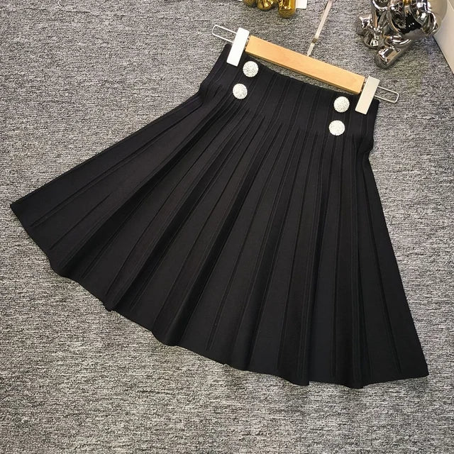 Chic High-Waist Pleated Mini Skirt - Elegant A-Line Knit Tennis Skirt with Button Detail