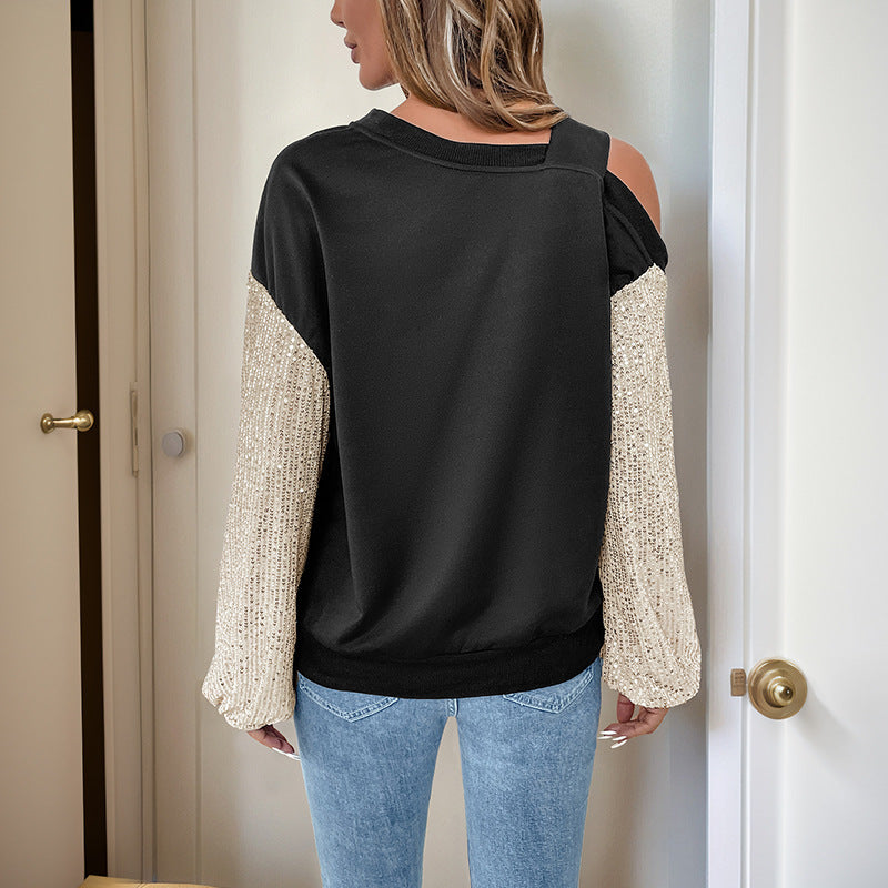 Off Shoulder Sequin Color Block Top | Black & Gold Long Sleeve Pullover for Women