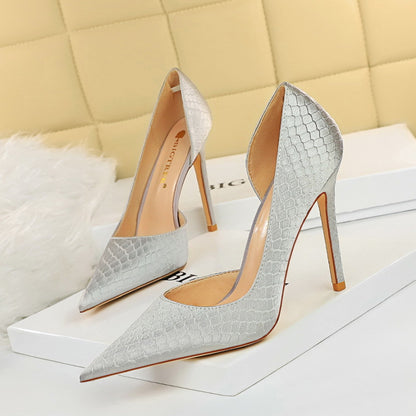 Women's Snake Pattern Silk High Heels - Thin Heeled Shallow Side Hollow Pointed Toe Pumps