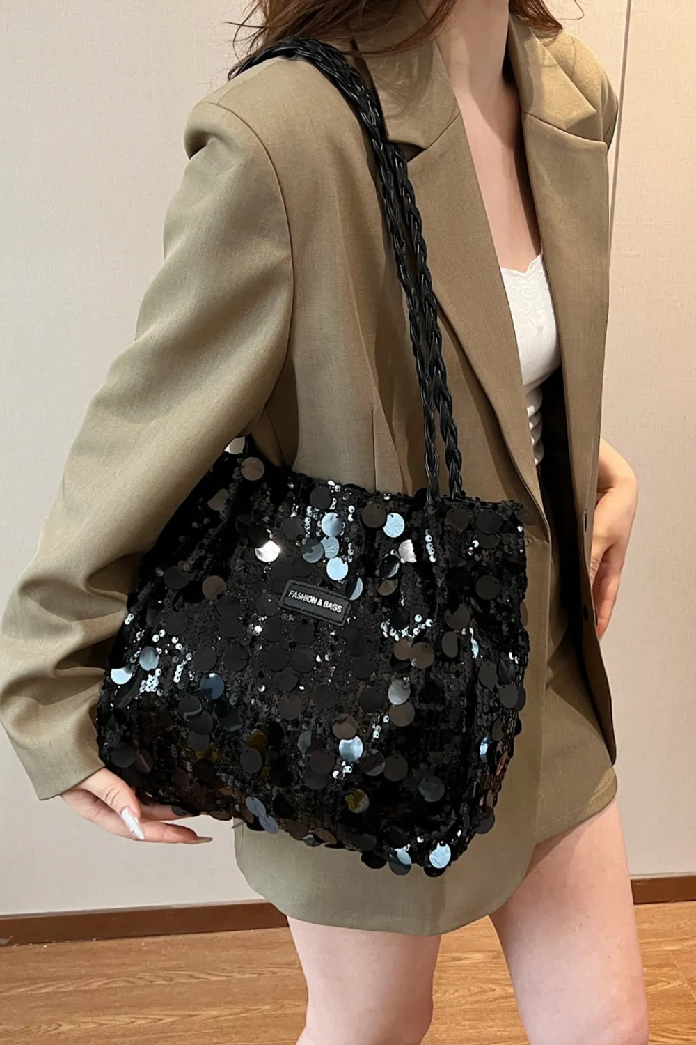 Sparkly Silver Sequin Bag with Braided Shoulder Strap (Hobo Style)