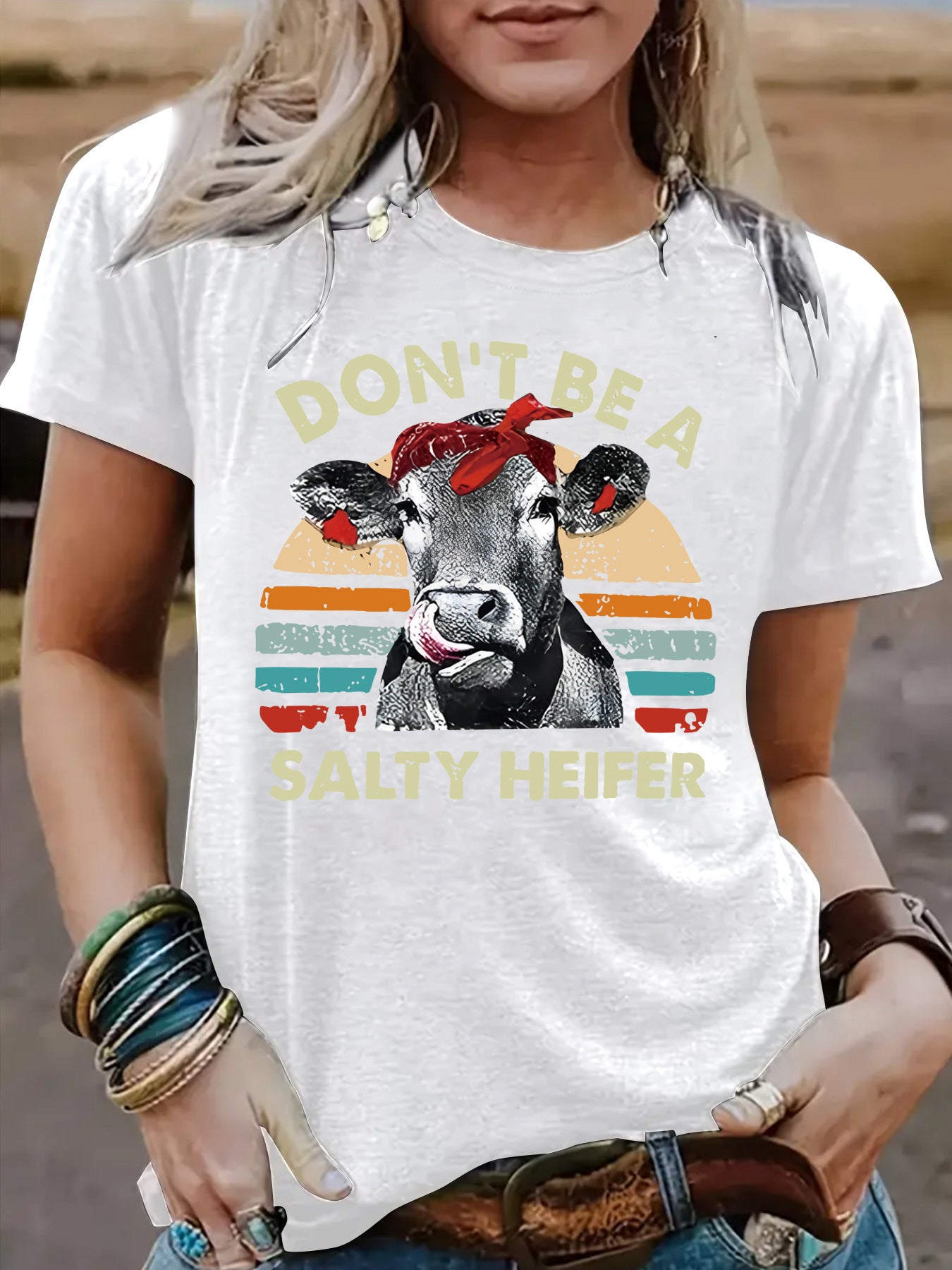 Funny Cow Pattern Printed Round Neck Short Sleeved Shirt | 'Don't Be A Salty Heifer' Graphic Tee