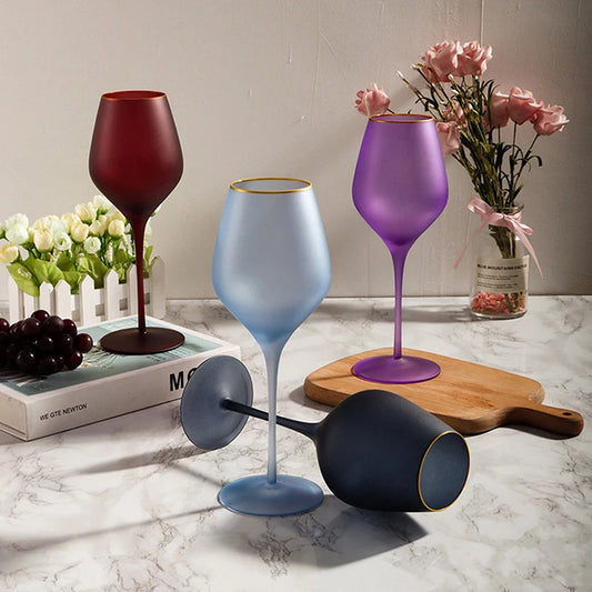 Elegant Frosted Matte Wine Glass with Gold Rim - Luxury Colorful Party Goblets