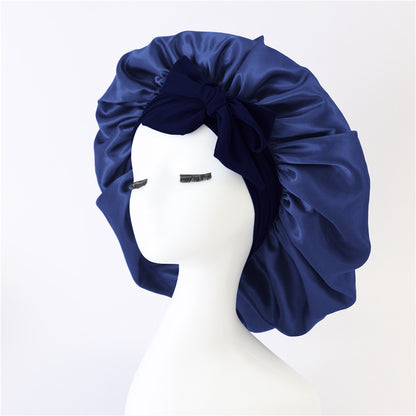Wide-Brimmed Satin Bonnets with Elastic Ribbon Bow | Solid Color Hairdressing Sleep Cap