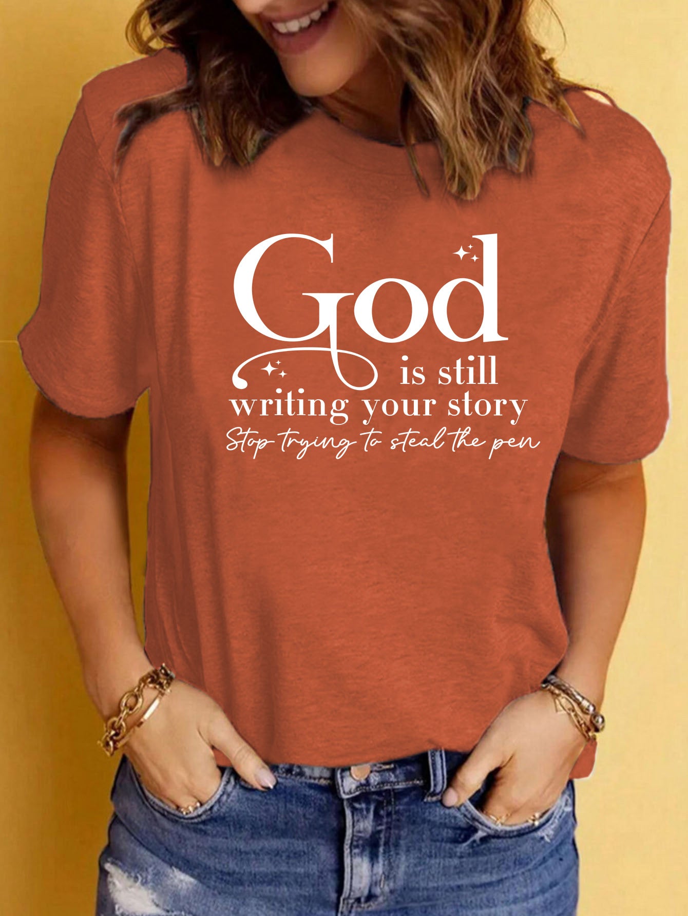 God is Still Writing Your Story' Inspirational Slogan Printed Round Neck T-Shirt