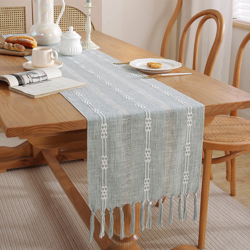Rustic Hand-Woven Table Runner – Cotton & Linen Boho Table Flag with Tassels