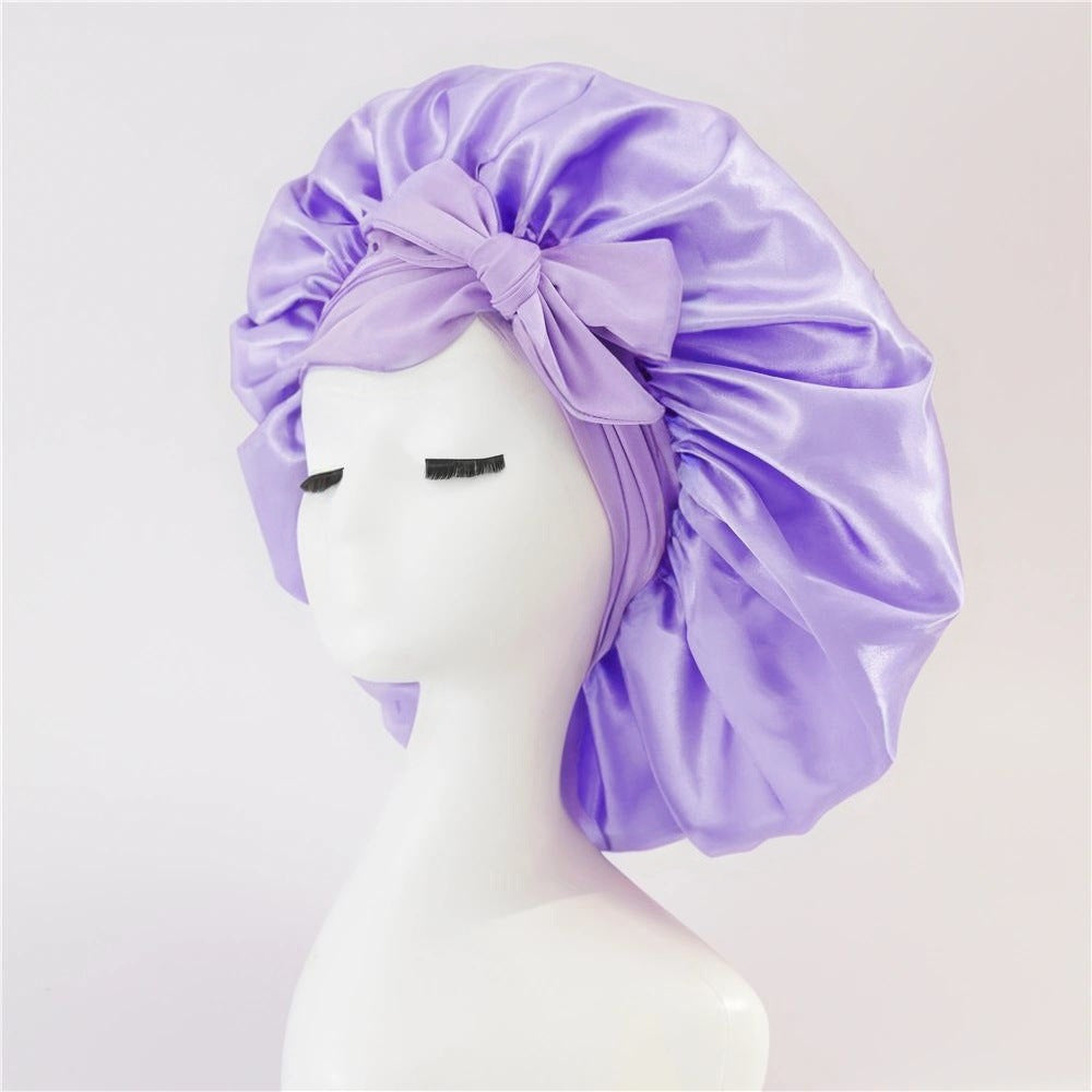 Wide-Brimmed Satin Bonnets with Elastic Ribbon Bow | Solid Color Hairdressing Sleep Cap