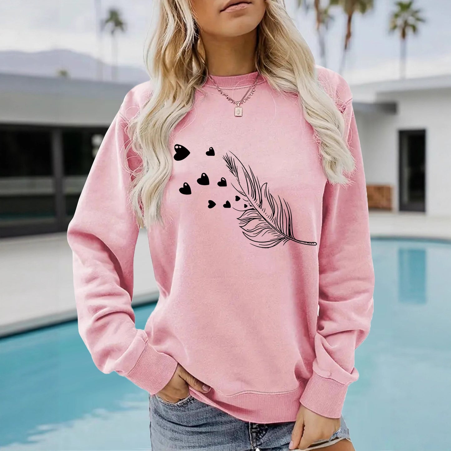 Feather & Heart Print Grey Sweatshirt | Cozy Long Sleeve Pullover for Women