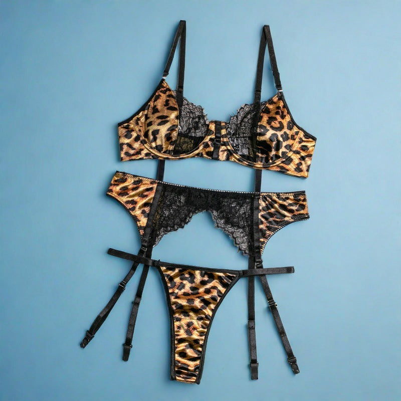 Women's Wild Leopard Print Lace Lingerie Set with Garter Belt