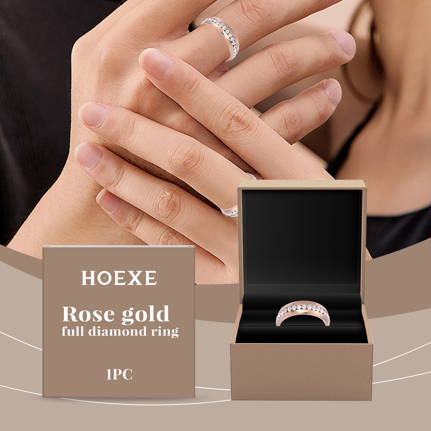 Hoexe Rose Gold Full Diamond Ring - Elegant Light Luxury Jewelry for Women