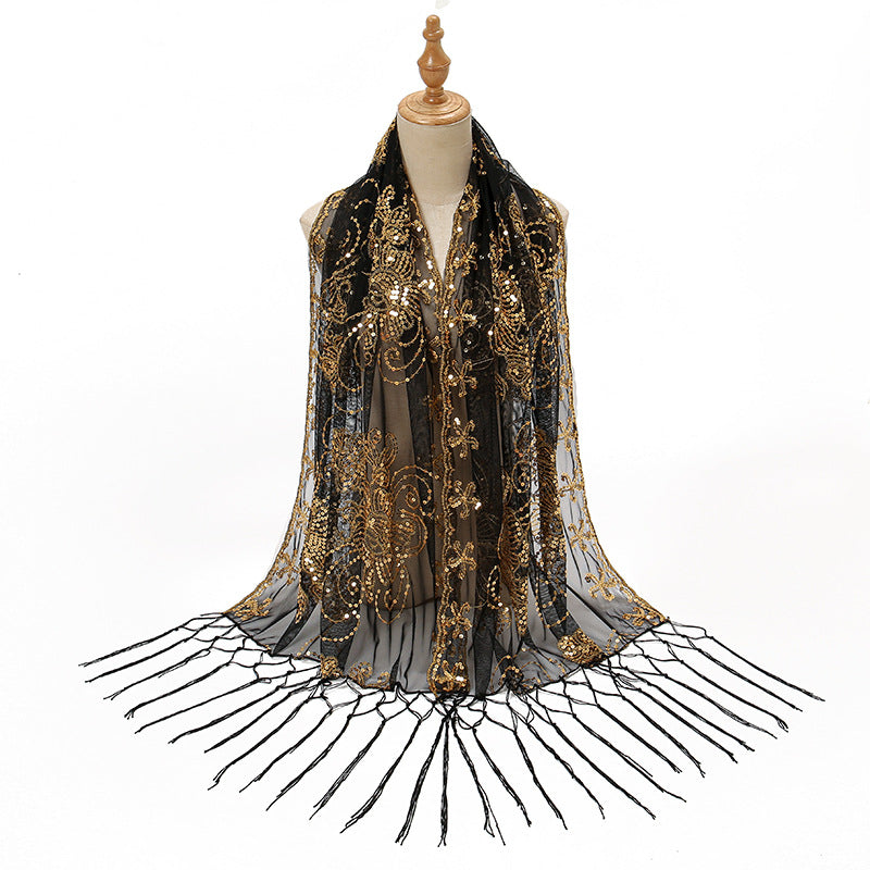 Long Fringe Sequin Embroidered Shawl | Party Dress Evening Banquet Thin Scarf