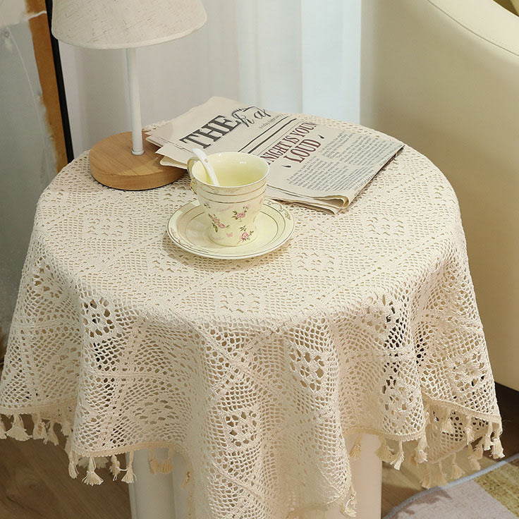 Vintage Cotton Linen Tassel Tablecloth – Pastoral Hollow Lace Round Table Cover for Dining & Coffee Tables