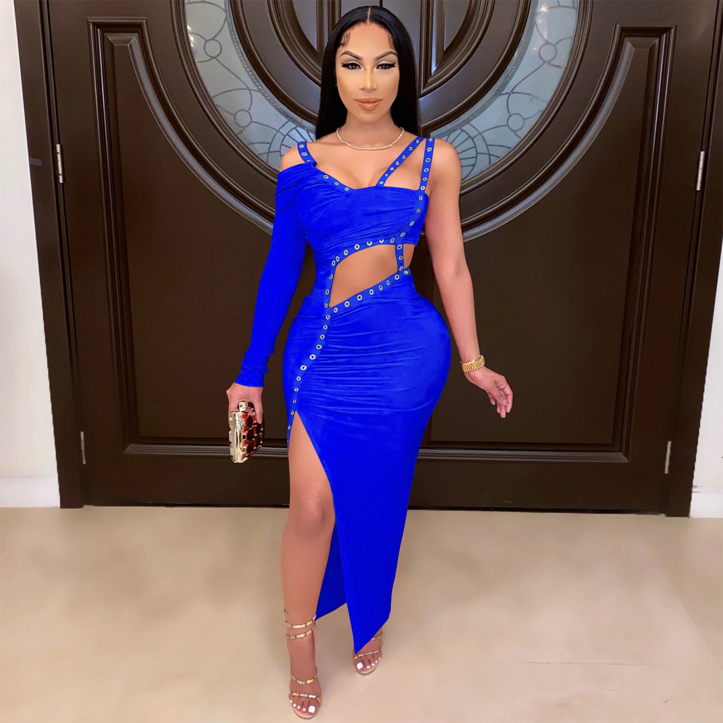 Sexy Royal Blue Irregular Cut-Out Maxi Dress – Glamorous One-Sleeve Slit Club Dress for Women