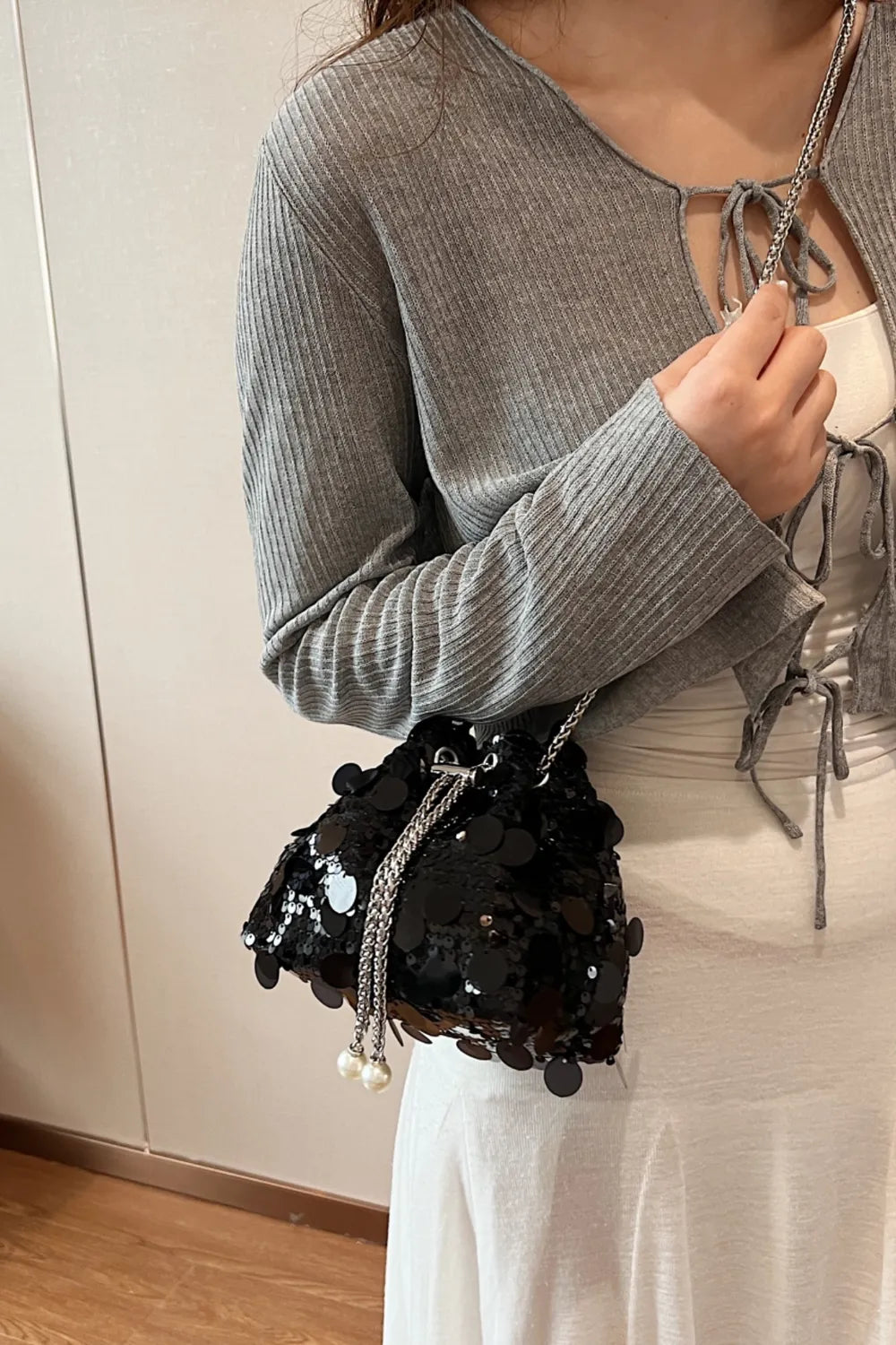 Shimmering Drawstring Sequin Pouch Crossbody Bag