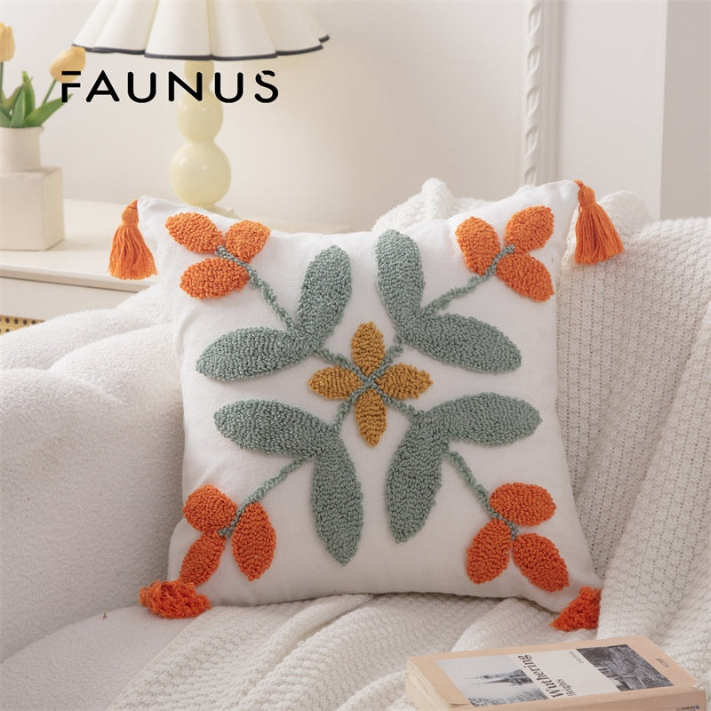 Bohemian Tufted Throw Pillow Cover - Ethnic Moroccan Leaf Embroidered Cushion Case